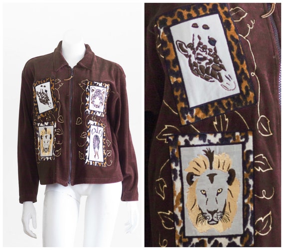 1990s brown velour zip up jacket with animal patc… - image 1