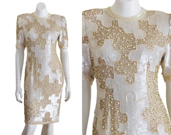 Vintage Gold and White Beaded Dress | Silk | Shoulder Pads