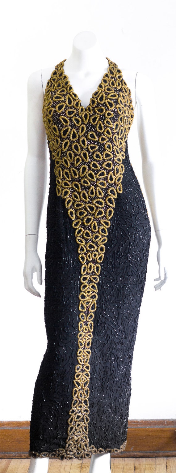 Vintage Black and Gold Beaded Gown - image 6