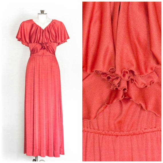 1970s coral sleeveless maxi dress with capelet
