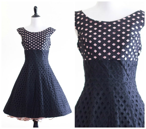 1950s pink and black eyelet fit and flare dress