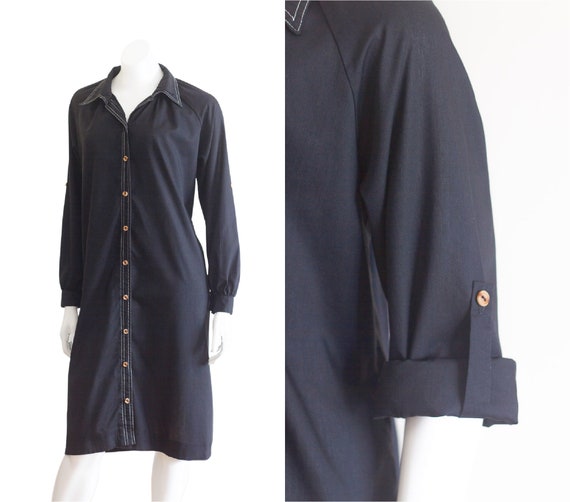 1970s black shirt dress with white stitching - image 1