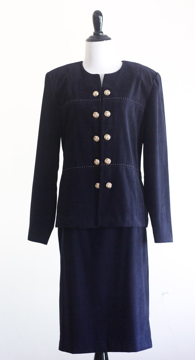 90s black skirt suit with gold knotted buttons