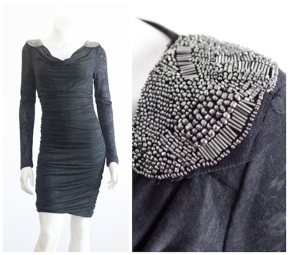 Black ruched body con dress with beaded shoulders
