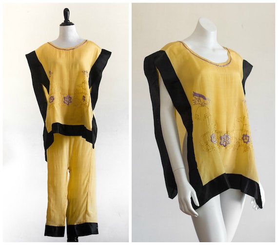 1920s yellow and black embroidered pajama set