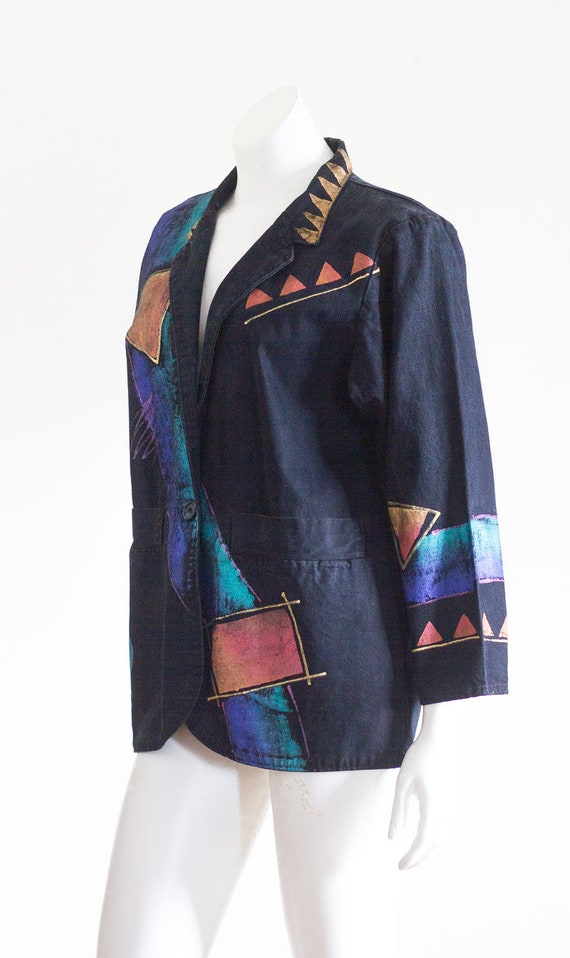 1990s black denim painted jacket - image 6