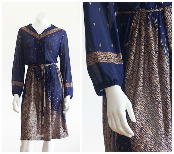 Vintage 1970s Dark Blue Belted Dress - image 1