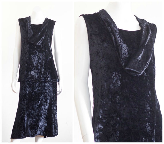 90s black crushed velvet skirt set