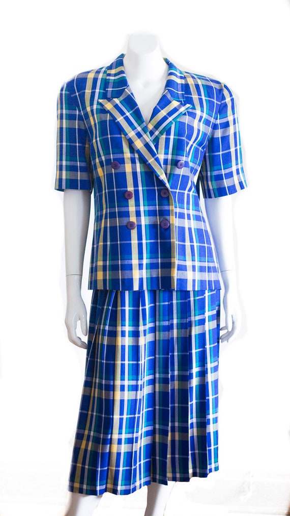 1980s blue and yellow plaid skirt suit by Pendlet… - image 7