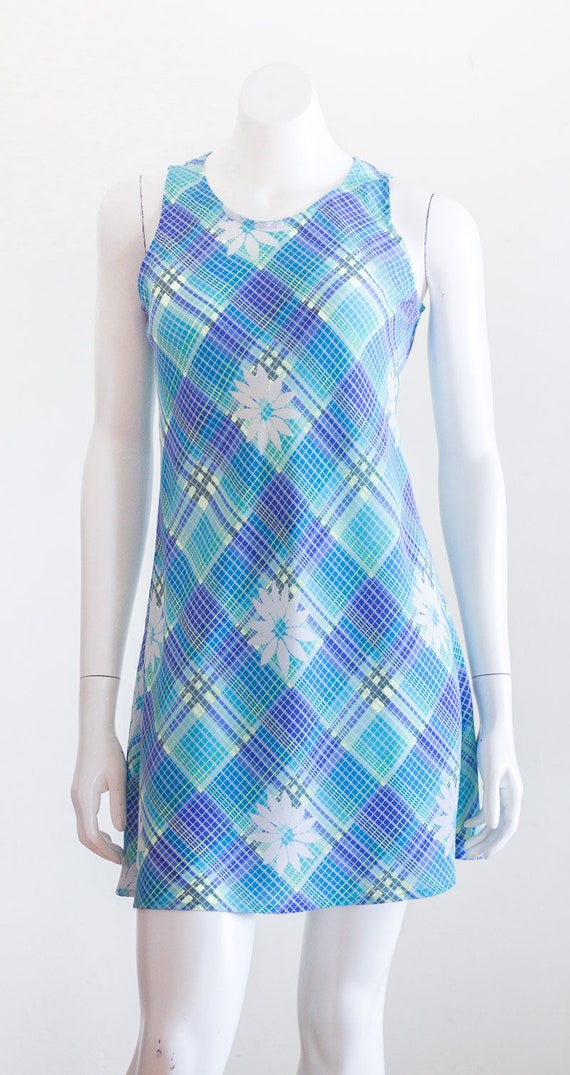 Vintage 1990s Blue Plaid Dress | Floral Print - image 9