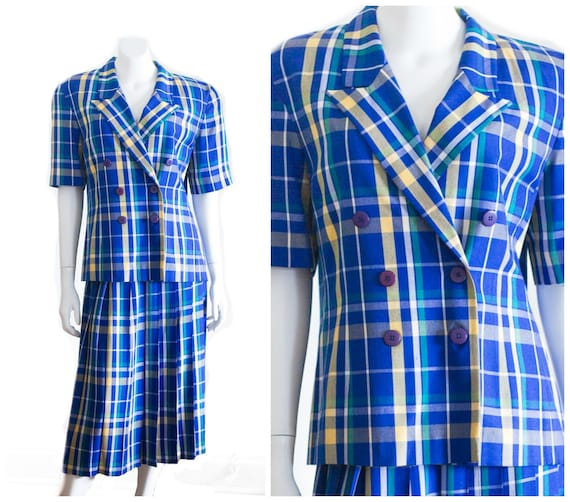 1980s blue and yellow plaid skirt suit by Pendlet… - image 1