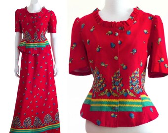 Vintage 1970s Red Corduroy Two-Piece Outfit | Blue & Yellow Bird and Fruit Pattern | Ruffle Collar | Retro Fashion