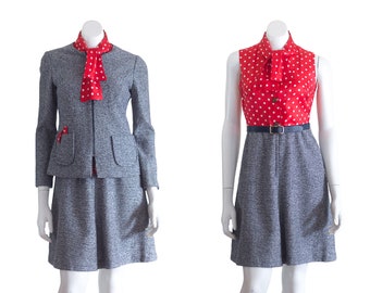 Vintage 1970s Blue Tweed and Red Polka Dot Dress Set