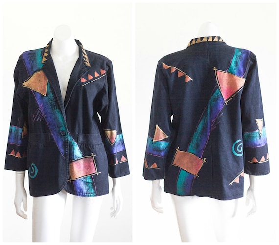 1990s black denim painted jacket