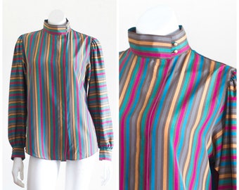 VIntage 1990s Striped Silky Blouse with Band Collar