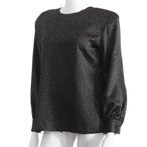 1990s/80s Black Silky Blouse with Gold Polka Dots, Large Shoulder Pads, and Fabric Covered Buttons image 5