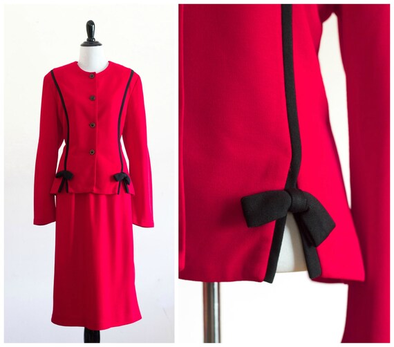 80s red and black knit skirt suit