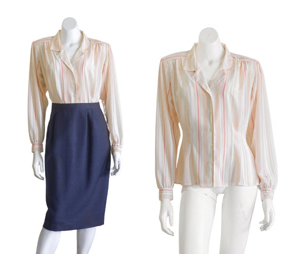 1990s peach and pink striped blouse - image 1