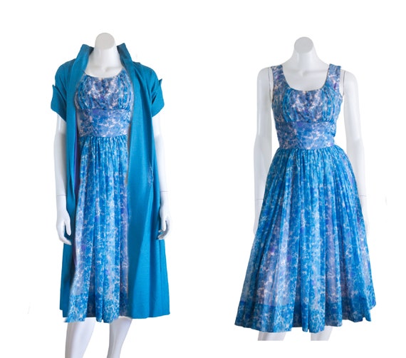 1960s blue floral chiffon fit and flare dress wit… - image 1