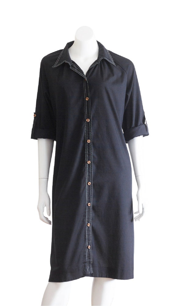 1970s black shirt dress with white stitching - image 3