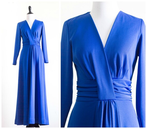 1970s royal blue long sleeve floor length dress