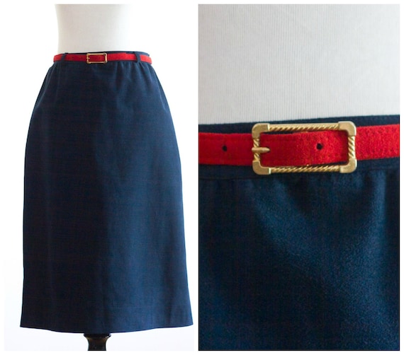 1970s blue suede skirt with red belt from Nat Kapl