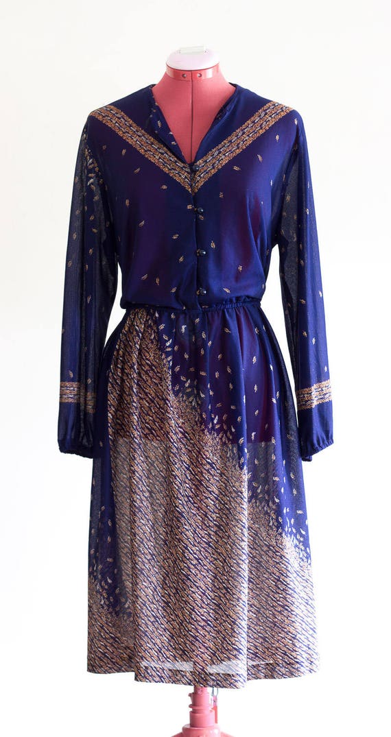 Vintage 1970s Dark Blue Belted Dress - image 9