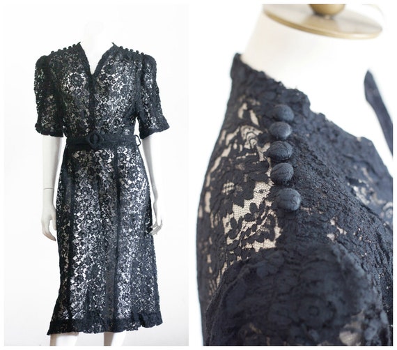 1930s volup black lace dress with belt