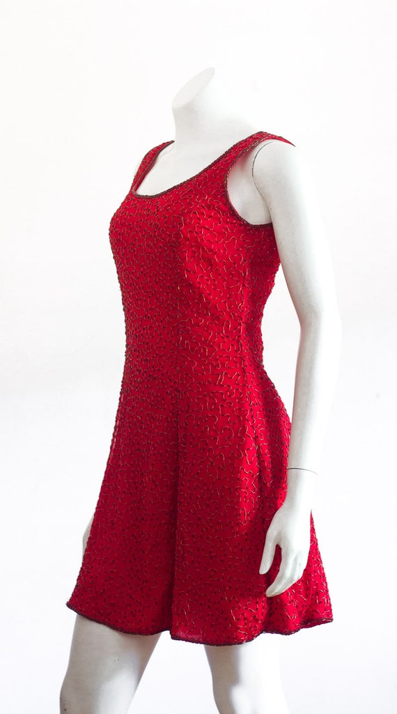 Vintage Red Silk Beaded Dress - image 4