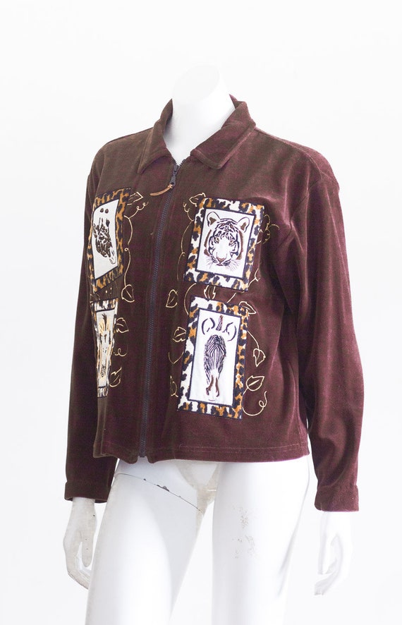 1990s brown velour zip up jacket with animal patc… - image 6