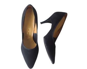 1950s or 1960s Black Suede Heels with Pointed Toe