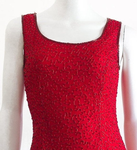 Vintage Red Silk Beaded Dress - image 3