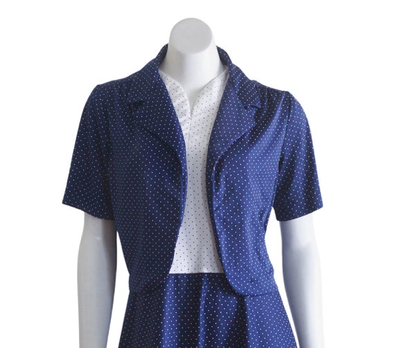 Vintage 70s/80s Blue and White Polka Dot Dress Se… - image 3