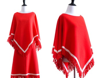Vintage 1960s or 70s Poncho and Skirt Set in Electric Coral