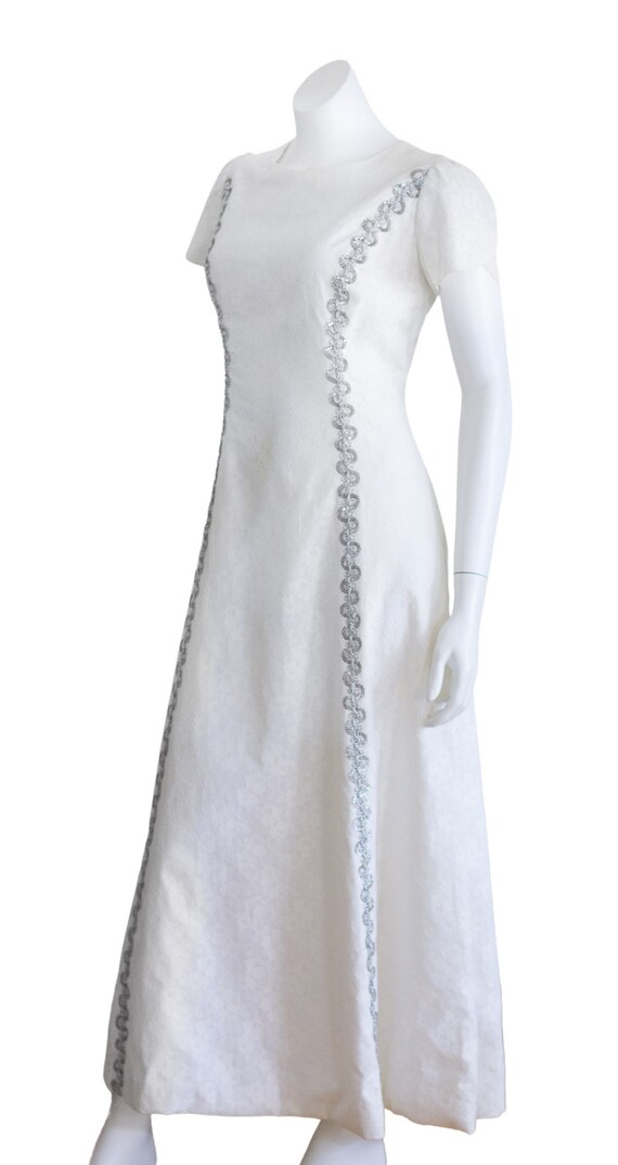 Vintage 1960s White Lace Gown with Silver Trim - image 8