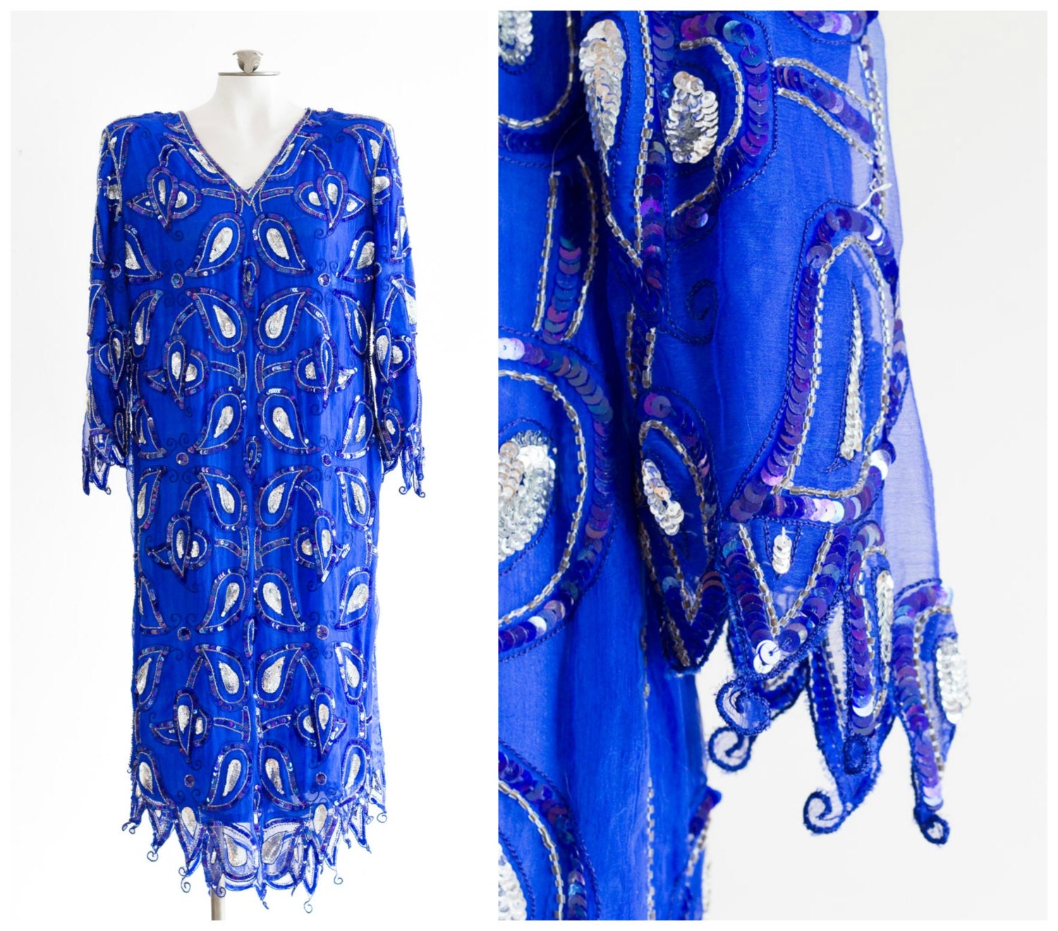 Sequined blue crepe silk evening caftan dress | Etsy