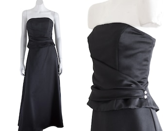 Vintage Black Satin Strapless Gown