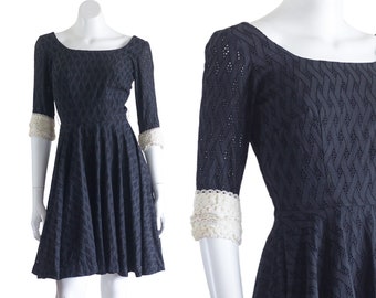 Vintage 1960s or 50s Black Eyelet Lace Dress | Fit and Flare