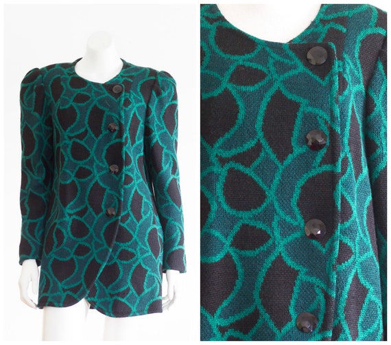 1980s teal and black knit coat with shoulder pads