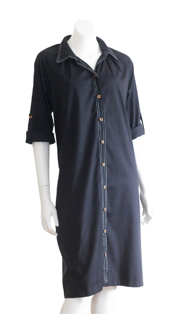 1970s black shirt dress with white stitching - image 6