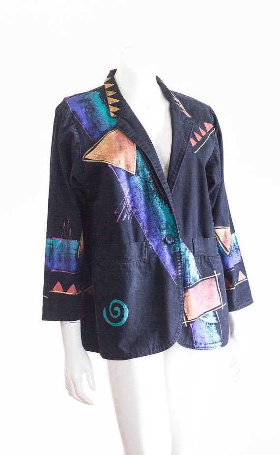 1990s black denim painted jacket - image 3