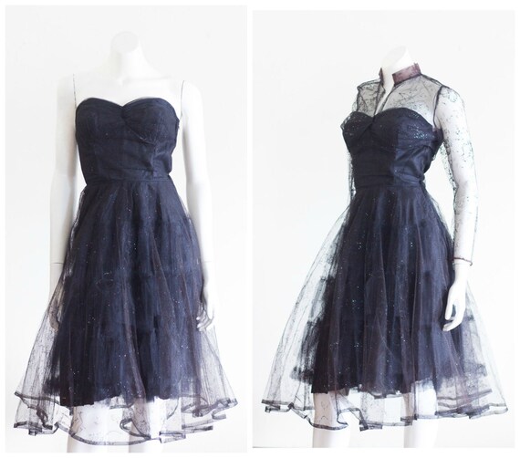 1950s black strapless fit and flare sparkly party