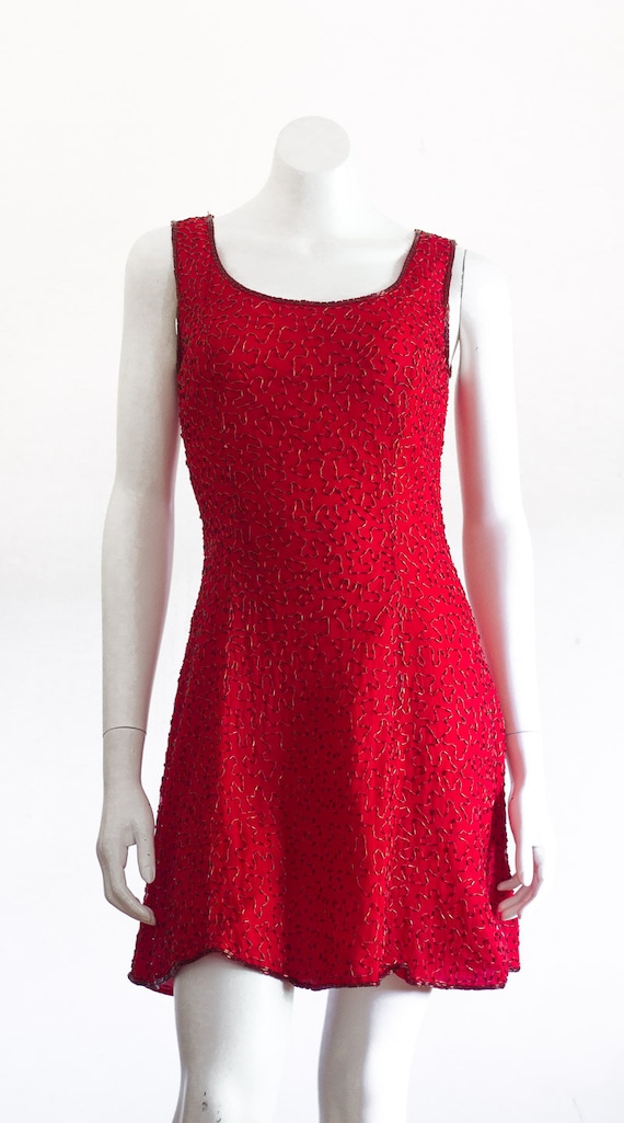 Vintage Red Silk Beaded Dress - image 7