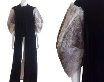 Vintage 1930s Black Silk Velvet Opera Coat with Luxurious Fur Sleeves