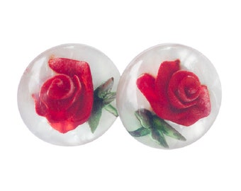 1950s Lucite Domed Earrings with Red Roses on Mother of Pearl Back Disc | 3D Floral Design | Screw Back Closure