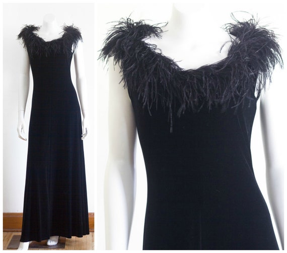 Black velvet sleeveless gown with marabou feather