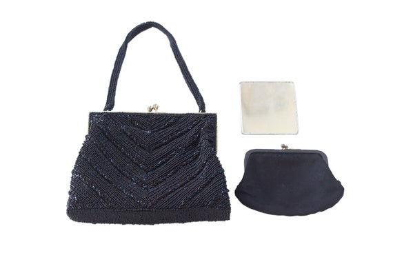 1950s Black Beaded Purse with Coin Purse - image 1