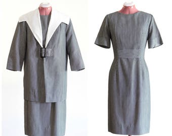 Vintage 1950s Gray Striped Dress Set