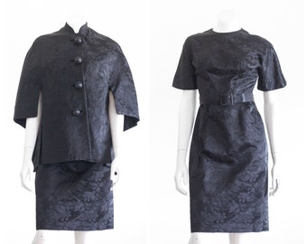 Vintage 1950s Black Brocade Dress Set with Cape Coat