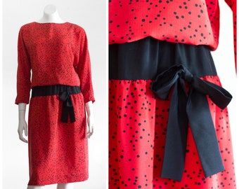 Vintage 1980s Red and Black Polka Dot Dress with Bow | Long Sleeve | Drop Waist